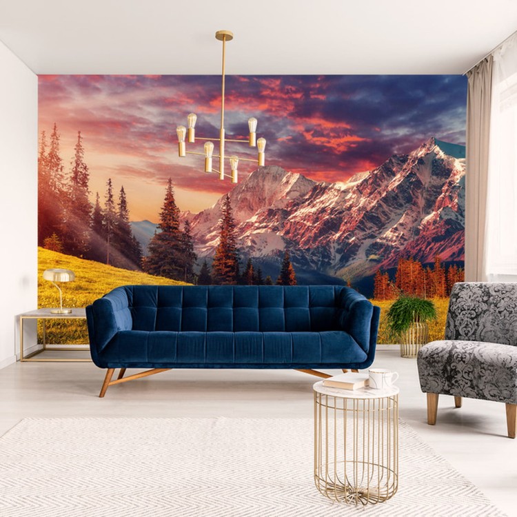 Fototapeta Awesome Alpine Highlands In Sunny Day. Scenic Image Of Fairy-Tale Landscape With Colorful Sky Under Sunlit, Over The Majestic Rock Mountains. Wild Area. Megical Natural Background. Creative Image