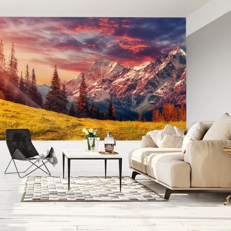 Fototapeta Awesome Alpine Highlands In Sunny Day. Scenic Image Of Fairy-Tale Landscape With Colorful Sky Under Sunlit, Over The Majestic Rock Mountains. Wild Area. Megical Natural Background. Creative Image