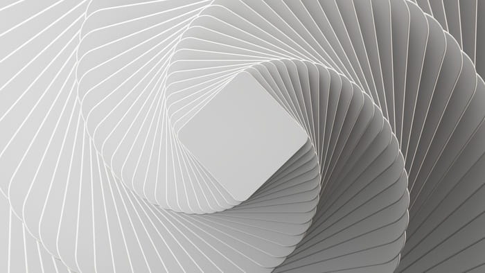 Fototapeta 3D Render, Abstract White Geometric Background, Minimal Flat Lay, Twisted Deck Of Square Blank Cards With Rounded Corners