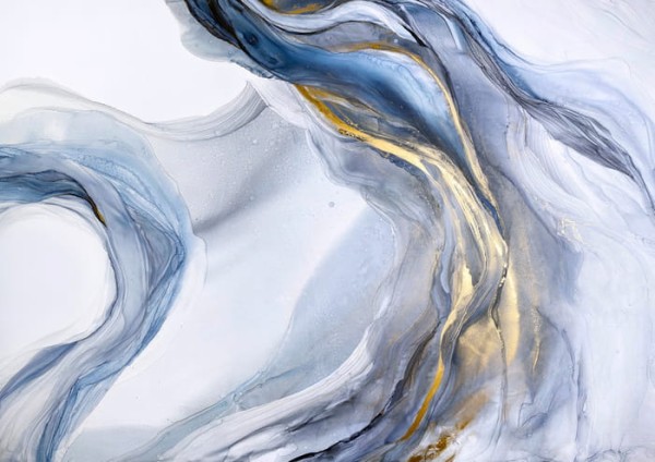 Fototapeta Abstract Blue Art With Gray And Gold — Light Blue Background With Beautiful Smudges And Stains Made With Alcohol Ink And Golden Paint. Blue Fluid Texture Poster Resembles Watercolor Or Aquarelle.