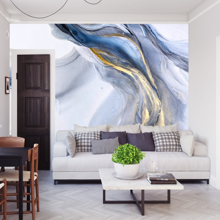 Fototapeta Abstract Blue Art With Gray And Gold — Light Blue Background With Beautiful Smudges And Stains Made With Alcohol Ink And Golden Paint. Blue Fluid Texture Poster Resembles Watercolor Or Aquarelle.