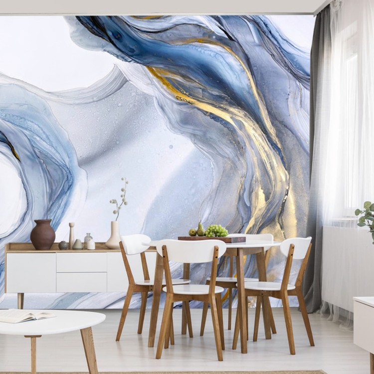 Fototapeta Abstract Blue Art With Gray And Gold — Light Blue Background With Beautiful Smudges And Stains Made With Alcohol Ink And Golden Paint. Blue Fluid Texture Poster Resembles Watercolor Or Aquarelle.
