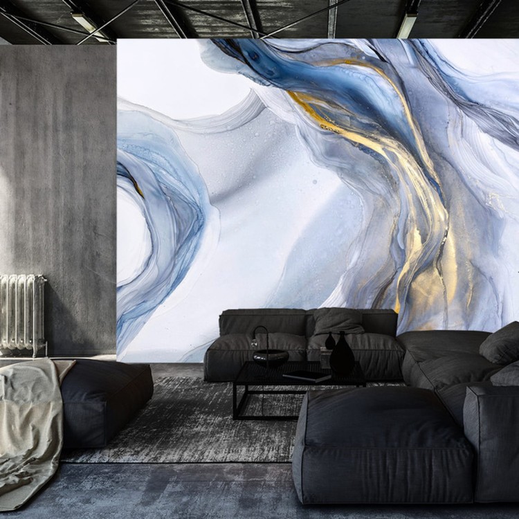 Fototapeta Abstract Blue Art With Gray And Gold — Light Blue Background With Beautiful Smudges And Stains Made With Alcohol Ink And Golden Paint. Blue Fluid Texture Poster Resembles Watercolor Or Aquarelle.