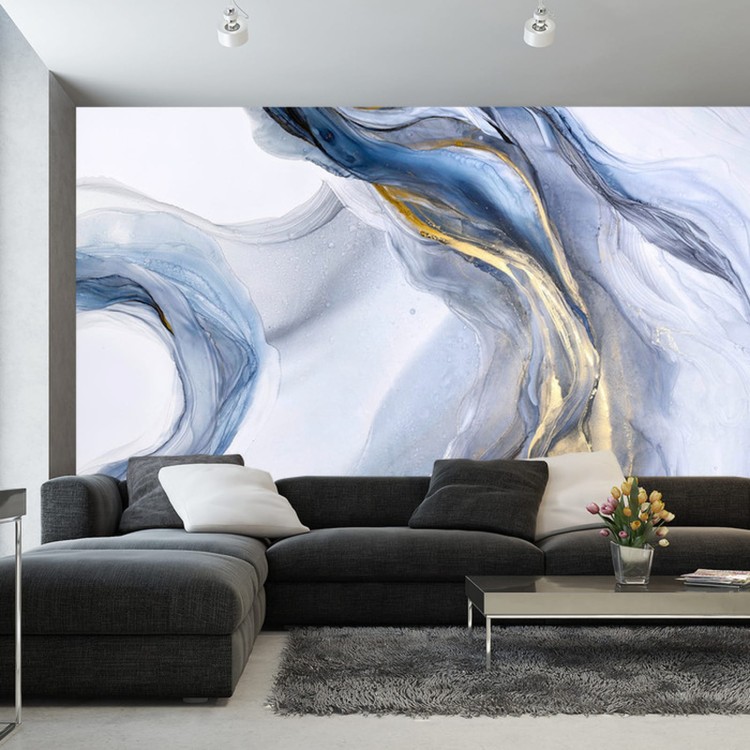 Fototapeta Abstract Blue Art With Gray And Gold — Light Blue Background With Beautiful Smudges And Stains Made With Alcohol Ink And Golden Paint. Blue Fluid Texture Poster Resembles Watercolor Or Aquarelle.