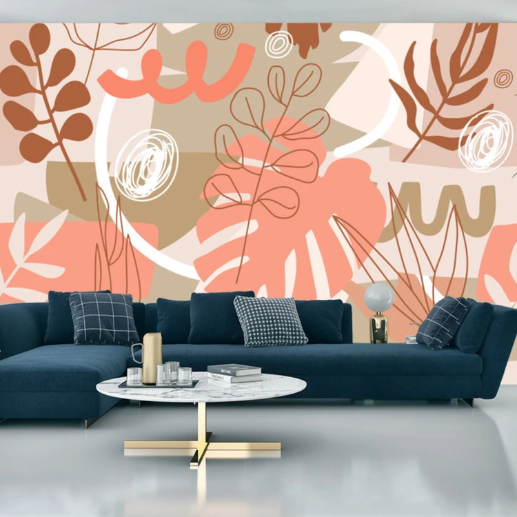 Fototapeta Contemporary Collage Seamless Pattern. Terracotta Abstract Shapes, Tropical Leaves And Continuous Line Of Leaf. Texture For Textile, Packaging, Wrapping Paper, Social Media Post Etc.