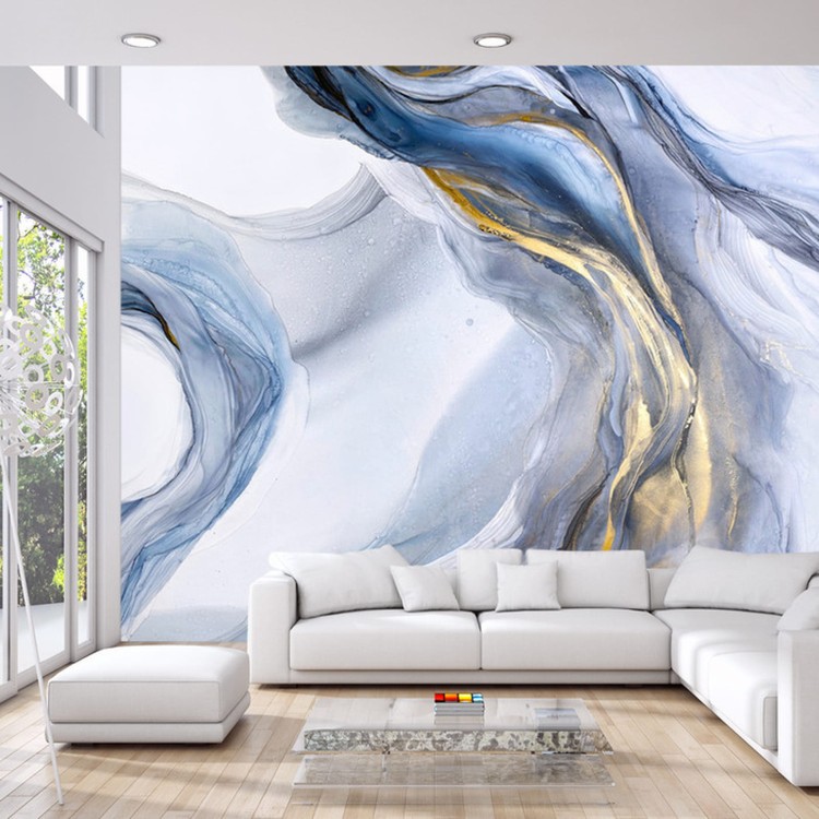 Fototapeta Abstract Blue Art With Gray And Gold — Light Blue Background With Beautiful Smudges And Stains Made With Alcohol Ink And Golden Paint. Blue Fluid Texture Poster Resembles Watercolor Or Aquarelle.