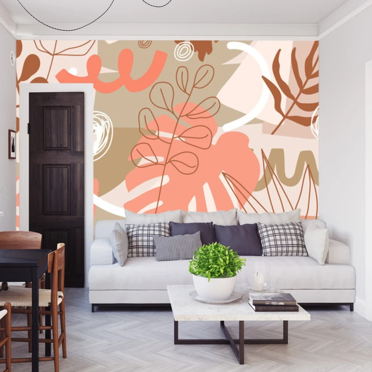 Fototapeta Contemporary Collage Seamless Pattern. Terracotta Abstract Shapes, Tropical Leaves And Continuous Line Of Leaf. Texture For Textile, Packaging, Wrapping Paper, Social Media Post Etc.