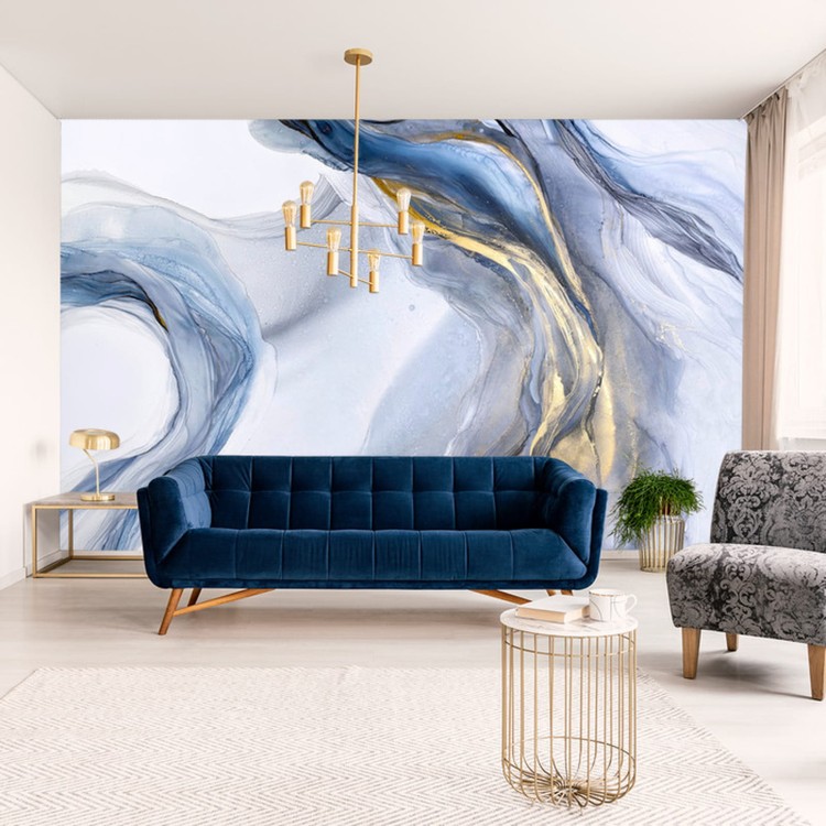 Fototapeta Abstract Blue Art With Gray And Gold — Light Blue Background With Beautiful Smudges And Stains Made With Alcohol Ink And Golden Paint. Blue Fluid Texture Poster Resembles Watercolor Or Aquarelle.