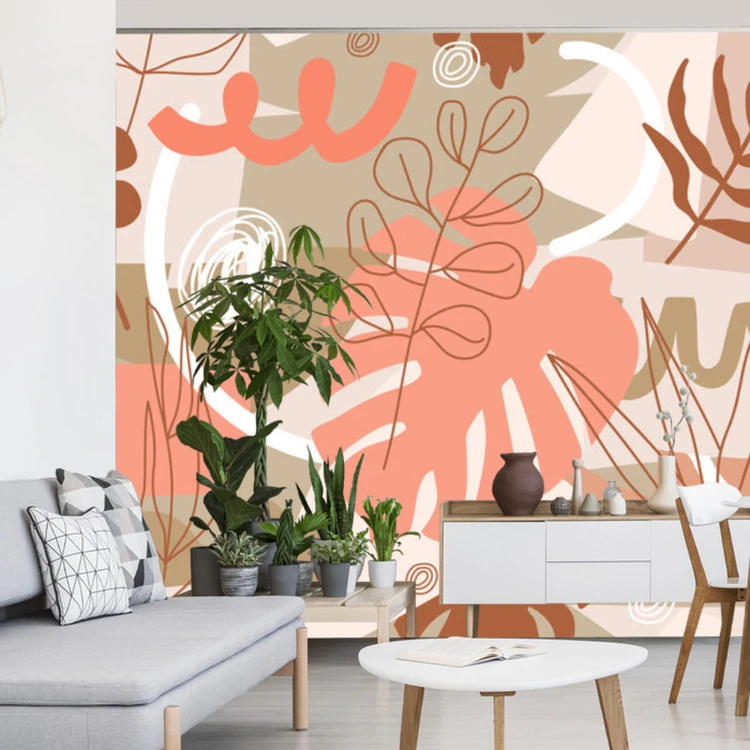 Fototapeta Contemporary Collage Seamless Pattern. Terracotta Abstract Shapes, Tropical Leaves And Continuous Line Of Leaf. Texture For Textile, Packaging, Wrapping Paper, Social Media Post Etc.