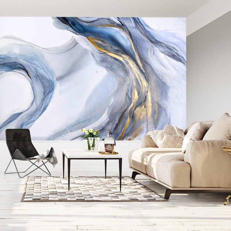 Fototapeta Abstract Blue Art With Gray And Gold — Light Blue Background With Beautiful Smudges And Stains Made With Alcohol Ink And Golden Paint. Blue Fluid Texture Poster Resembles Watercolor Or Aquarelle.