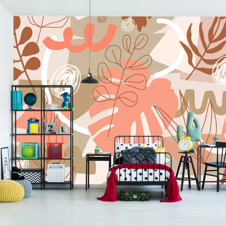 Fototapeta Contemporary Collage Seamless Pattern. Terracotta Abstract Shapes, Tropical Leaves And Continuous Line Of Leaf. Texture For Textile, Packaging, Wrapping Paper, Social Media Post Etc.