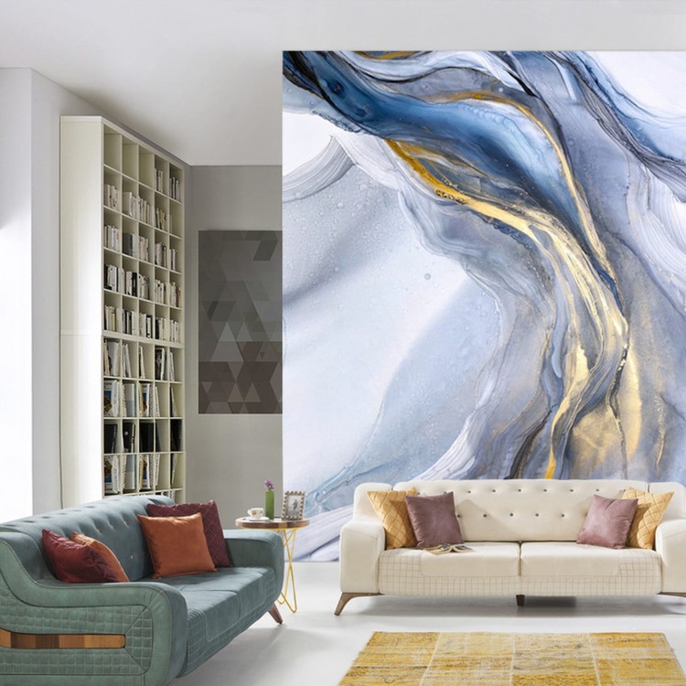 Fototapeta Abstract Blue Art With Gray And Gold — Light Blue Background With Beautiful Smudges And Stains Made With Alcohol Ink And Golden Paint. Blue Fluid Texture Poster Resembles Watercolor Or Aquarelle.