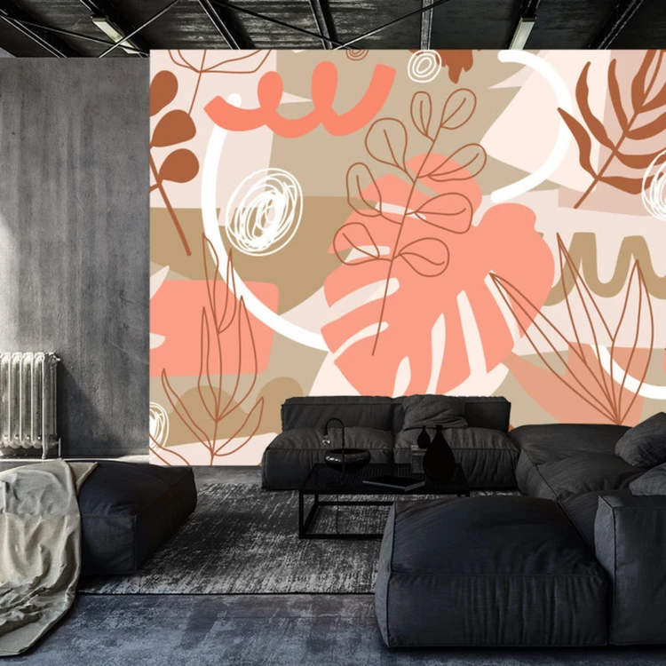 Fototapeta Contemporary Collage Seamless Pattern. Terracotta Abstract Shapes, Tropical Leaves And Continuous Line Of Leaf. Texture For Textile, Packaging, Wrapping Paper, Social Media Post Etc.