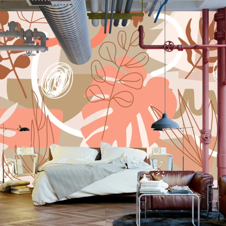 Fototapeta Contemporary Collage Seamless Pattern. Terracotta Abstract Shapes, Tropical Leaves And Continuous Line Of Leaf. Texture For Textile, Packaging, Wrapping Paper, Social Media Post Etc.