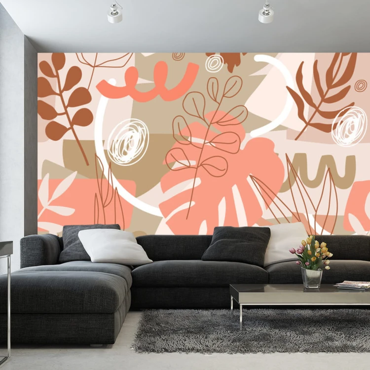 Fototapeta Contemporary Collage Seamless Pattern. Terracotta Abstract Shapes, Tropical Leaves And Continuous Line Of Leaf. Texture For Textile, Packaging, Wrapping Paper, Social Media Post Etc.