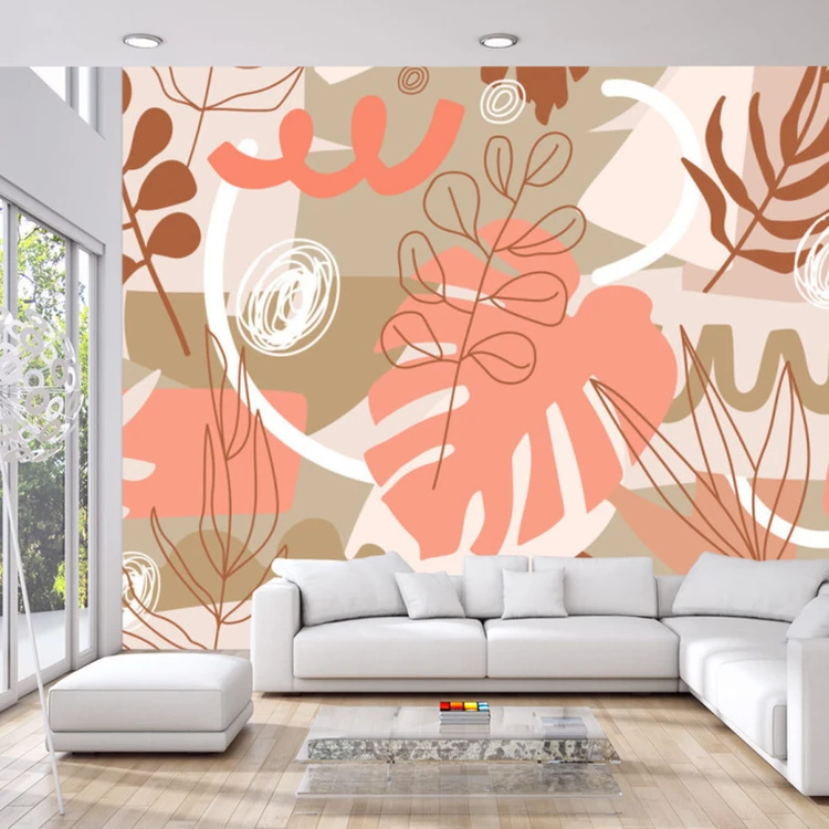 Fototapeta Contemporary Collage Seamless Pattern. Terracotta Abstract Shapes, Tropical Leaves And Continuous Line Of Leaf. Texture For Textile, Packaging, Wrapping Paper, Social Media Post Etc.