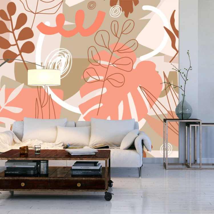 Fototapeta Contemporary Collage Seamless Pattern. Terracotta Abstract Shapes, Tropical Leaves And Continuous Line Of Leaf. Texture For Textile, Packaging, Wrapping Paper, Social Media Post Etc.