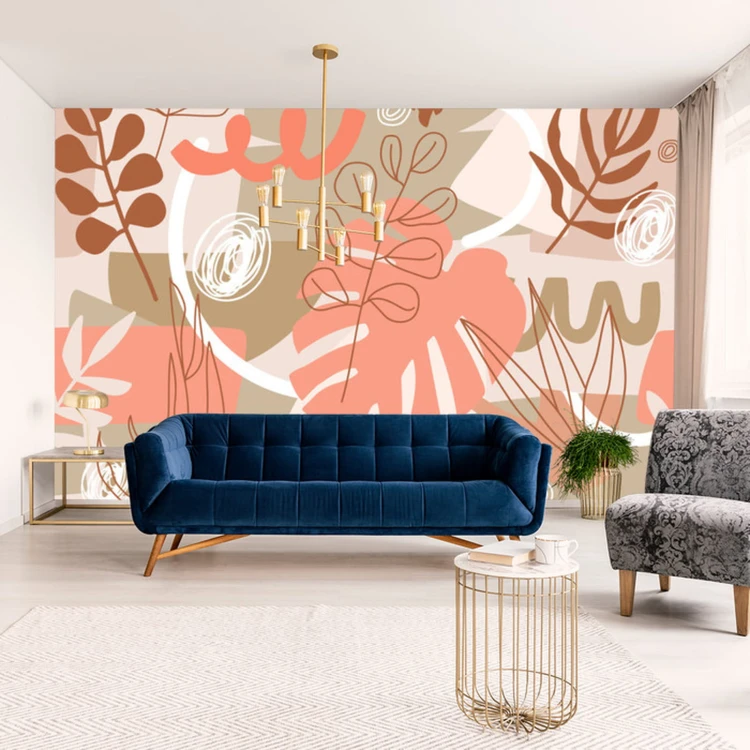 Fototapeta Contemporary Collage Seamless Pattern. Terracotta Abstract Shapes, Tropical Leaves And Continuous Line Of Leaf. Texture For Textile, Packaging, Wrapping Paper, Social Media Post Etc.