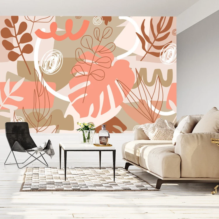 Fototapeta Contemporary Collage Seamless Pattern. Terracotta Abstract Shapes, Tropical Leaves And Continuous Line Of Leaf. Texture For Textile, Packaging, Wrapping Paper, Social Media Post Etc.