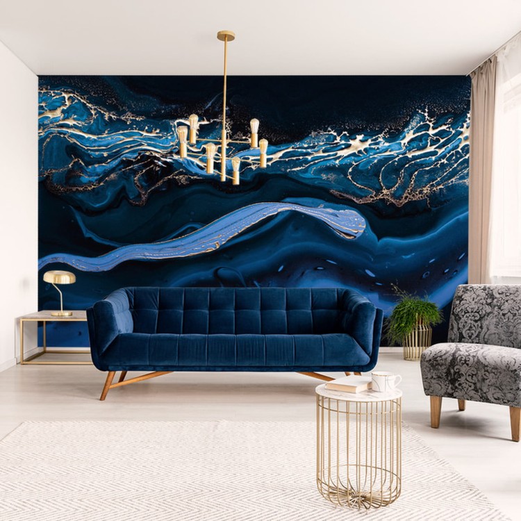 Fototapeta Fluid Art. Liquid Metallic Gold In Abstract Blue Wave. Marble Effect Background Or Texture