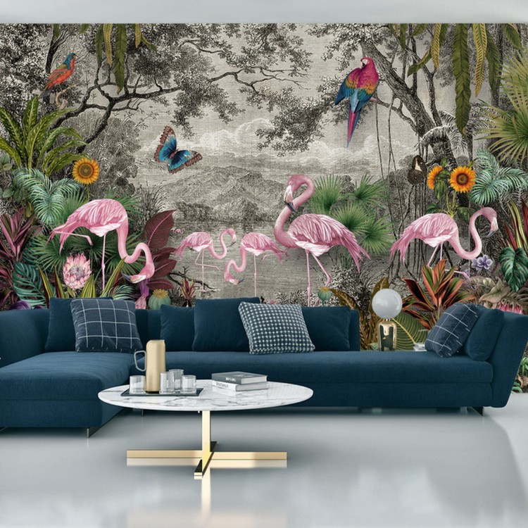 Fototapeta Wallpaper Jungle And Tropical Forest Banana Palm And Tropical Birds, Old Drawing