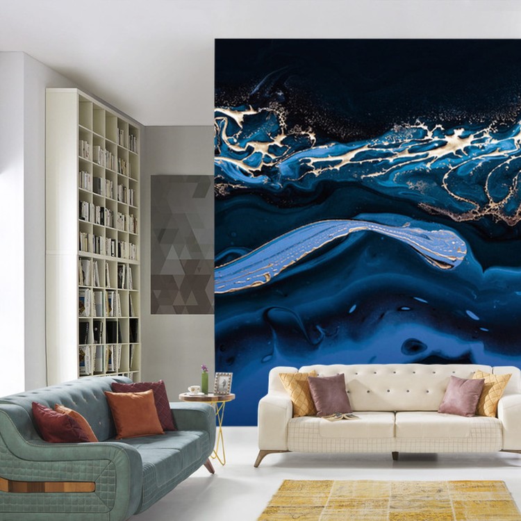 Fototapeta Fluid Art. Liquid Metallic Gold In Abstract Blue Wave. Marble Effect Background Or Texture