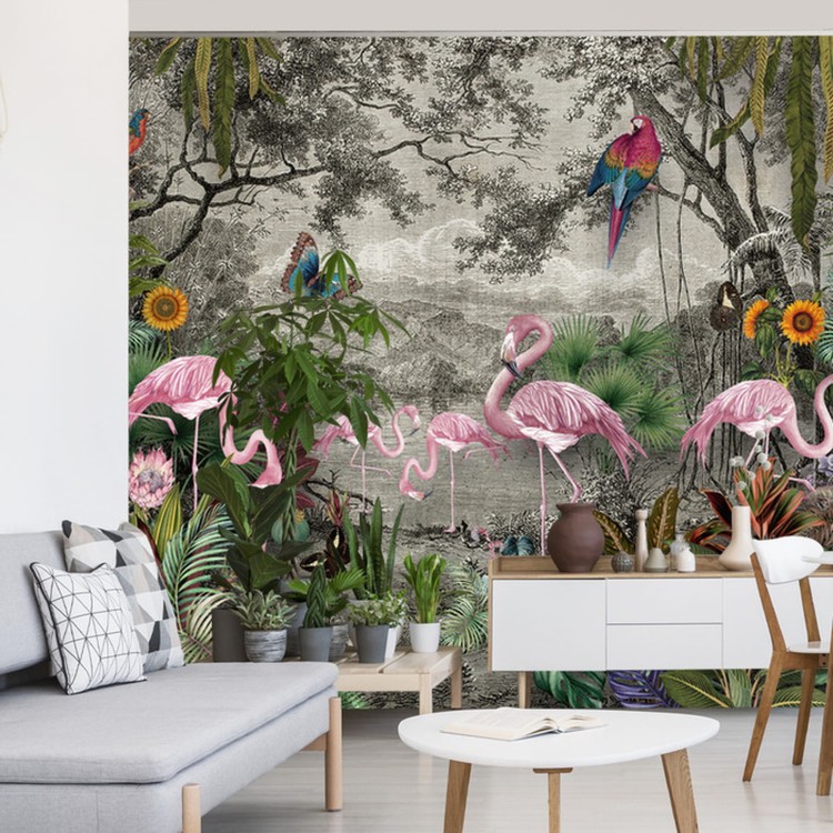 Fototapeta Wallpaper Jungle And Tropical Forest Banana Palm And Tropical Birds, Old Drawing
