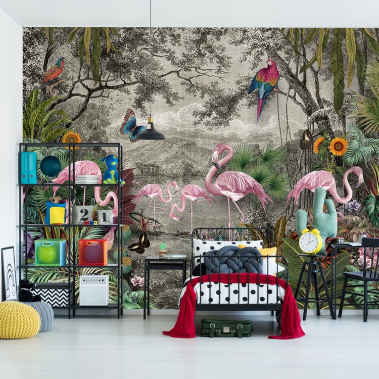 Fototapeta Wallpaper Jungle And Tropical Forest Banana Palm And Tropical Birds, Old Drawing