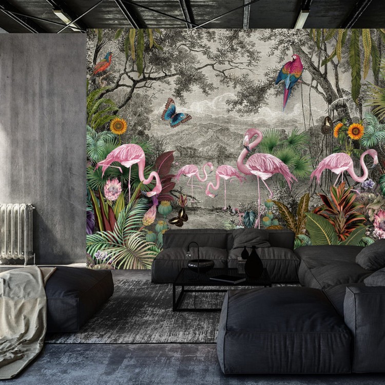 Fototapeta Wallpaper Jungle And Tropical Forest Banana Palm And Tropical Birds, Old Drawing