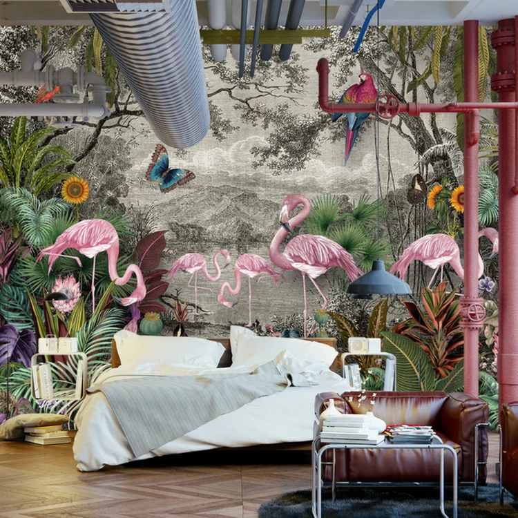 Fototapeta Wallpaper Jungle And Tropical Forest Banana Palm And Tropical Birds, Old Drawing