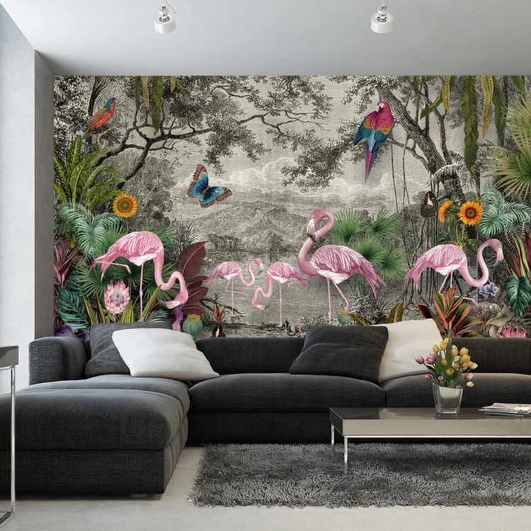 Fototapeta Wallpaper Jungle And Tropical Forest Banana Palm And Tropical Birds, Old Drawing