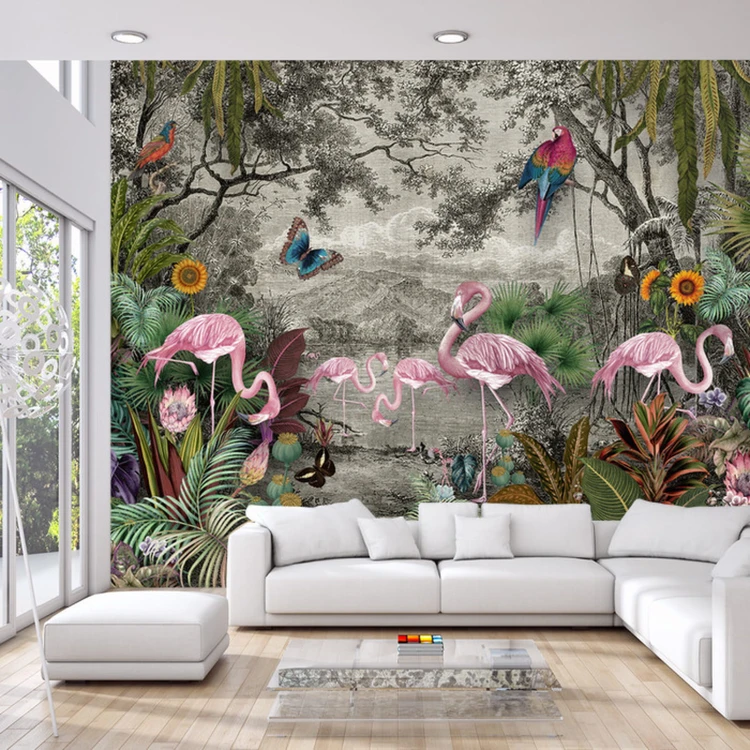 Fototapeta Wallpaper Jungle And Tropical Forest Banana Palm And Tropical Birds, Old Drawing