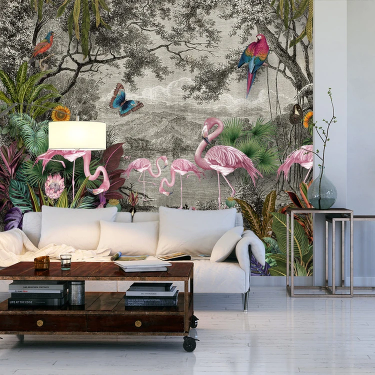 Fototapeta Wallpaper Jungle And Tropical Forest Banana Palm And Tropical Birds, Old Drawing