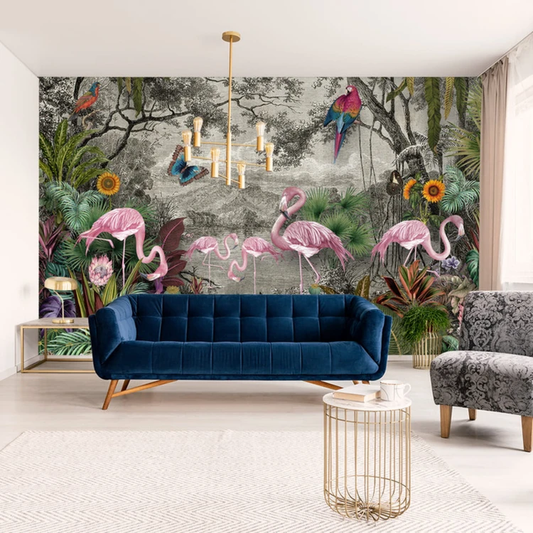 Fototapeta Wallpaper Jungle And Tropical Forest Banana Palm And Tropical Birds, Old Drawing