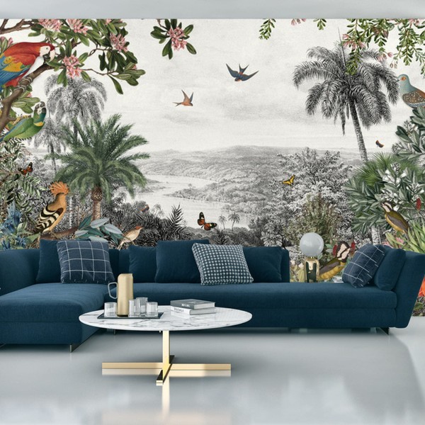 Fototapeta Tropical Jungle Wallpaper Palm Trees, Birds And Parrot In The River Land With Flying Butterflies