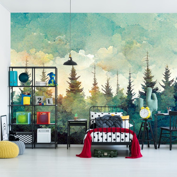 Fototapeta Forest Silhouette Background. Watercolor Painting Of A Spruce Forest