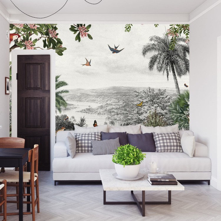Fototapeta Tropical Jungle Wallpaper Palm Trees, Birds And Parrot In The River Land With Flying Butterflies