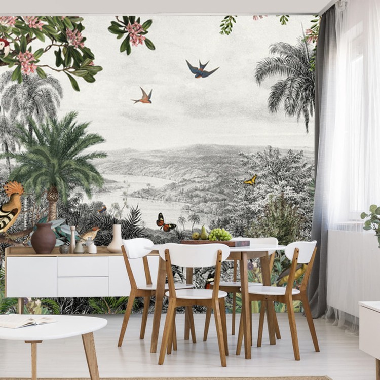 Fototapeta Tropical Jungle Wallpaper Palm Trees, Birds And Parrot In The River Land With Flying Butterflies