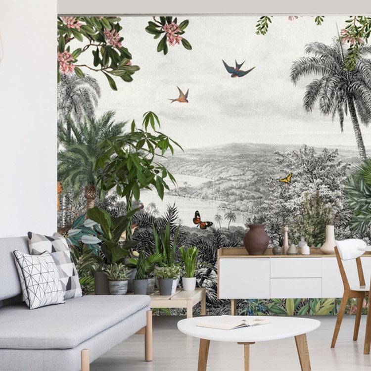 Fototapeta Tropical Jungle Wallpaper Palm Trees, Birds And Parrot In The River Land With Flying Butterflies