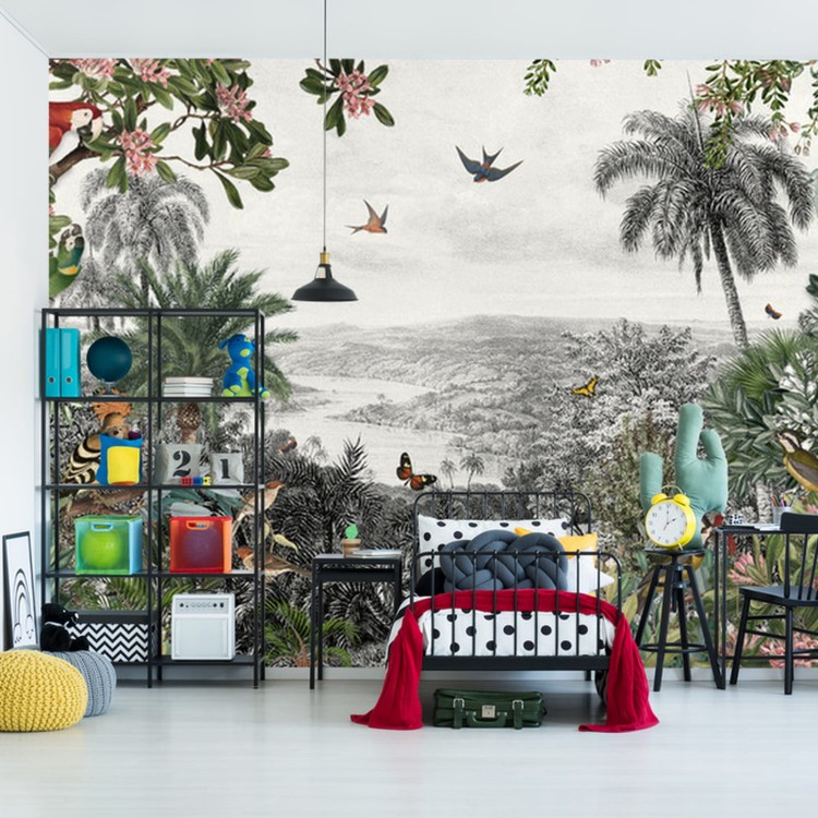 Fototapeta Tropical Jungle Wallpaper Palm Trees, Birds And Parrot In The River Land With Flying Butterflies