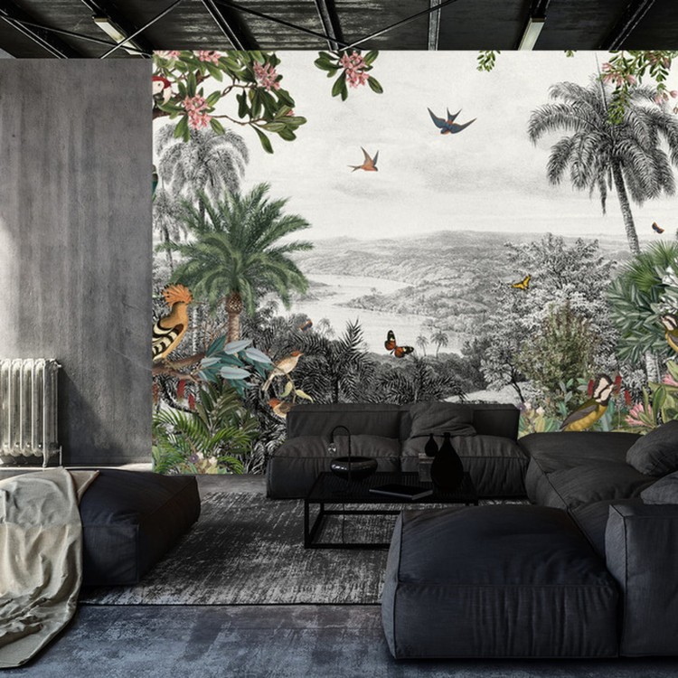 Fototapeta Tropical Jungle Wallpaper Palm Trees, Birds And Parrot In The River Land With Flying Butterflies