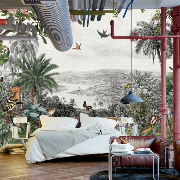Fototapeta Tropical Jungle Wallpaper Palm Trees, Birds And Parrot In The River Land With Flying Butterflies