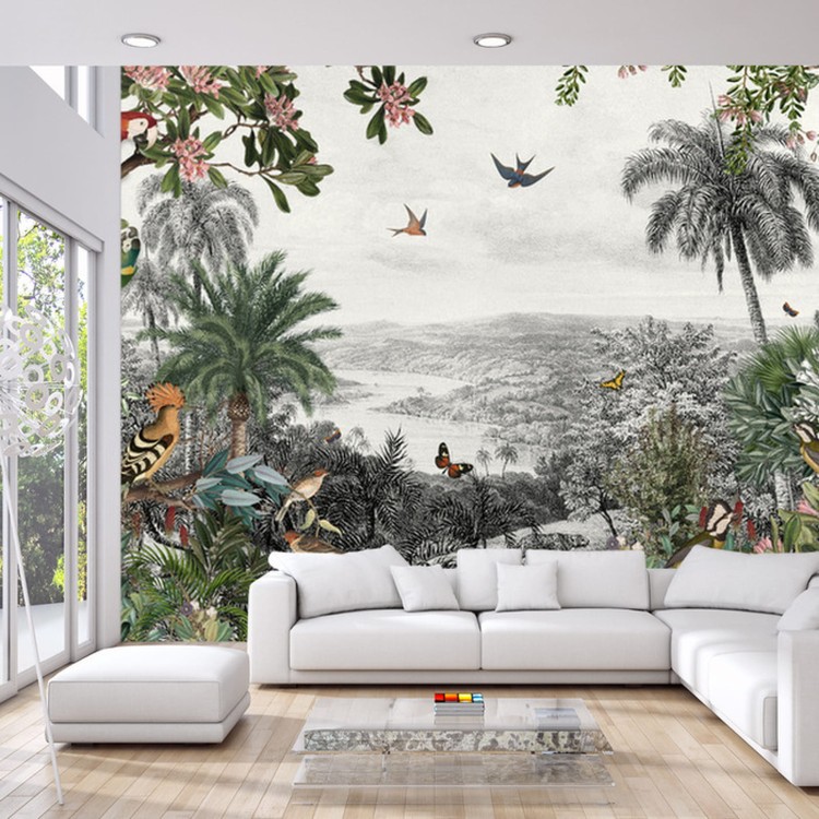 Fototapeta Tropical Jungle Wallpaper Palm Trees, Birds And Parrot In The River Land With Flying Butterflies