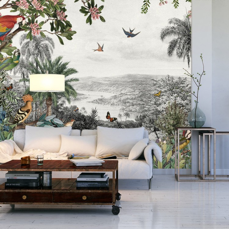 Fototapeta Tropical Jungle Wallpaper Palm Trees, Birds And Parrot In The River Land With Flying Butterflies