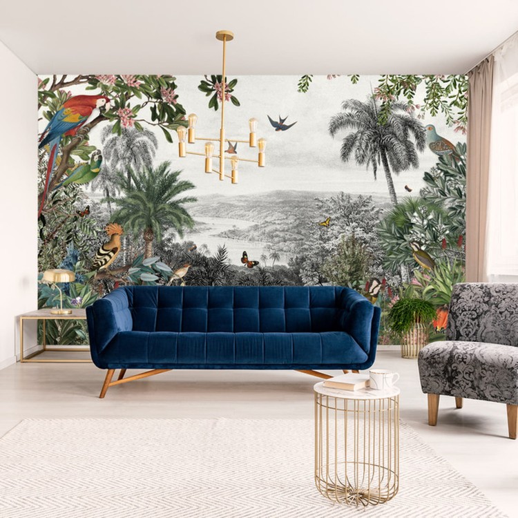 Fototapeta Tropical Jungle Wallpaper Palm Trees, Birds And Parrot In The River Land With Flying Butterflies