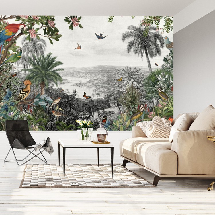 Fototapeta Tropical Jungle Wallpaper Palm Trees, Birds And Parrot In The River Land With Flying Butterflies