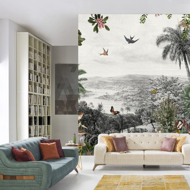 Fototapeta Tropical Jungle Wallpaper Palm Trees, Birds And Parrot In The River Land With Flying Butterflies