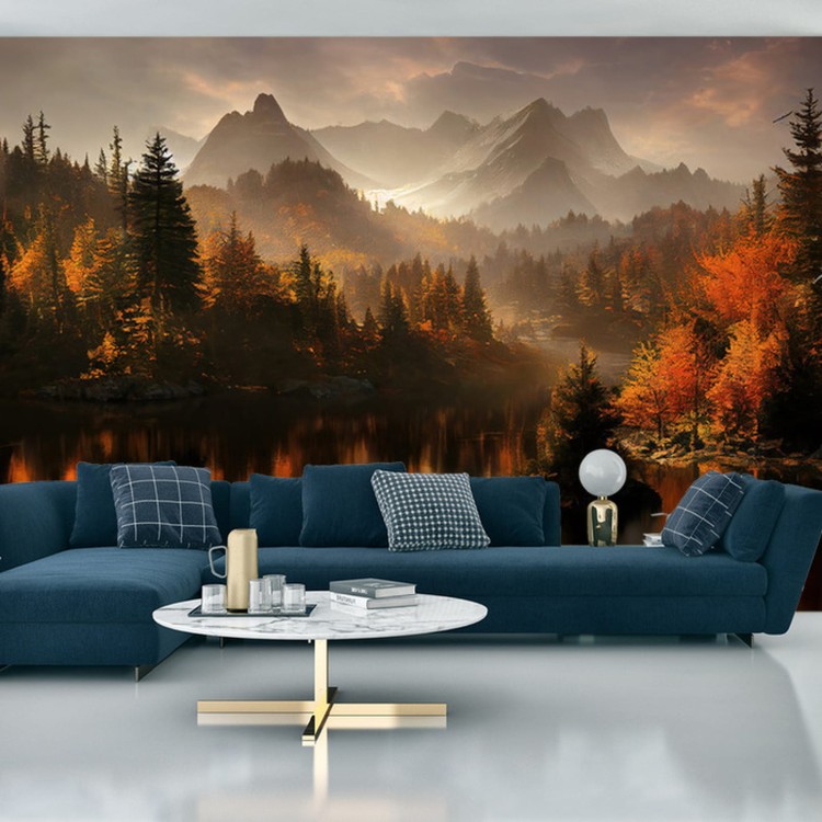 Fototapeta Ai Generated Image Of A Beautiful Landscape With Autumn Forest, A Lake And Hills