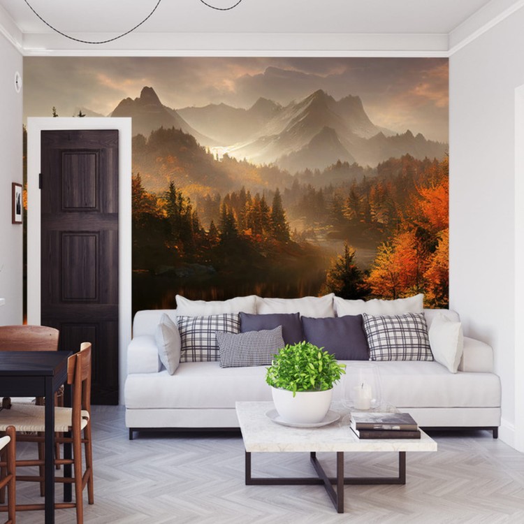 Fototapeta Ai Generated Image Of A Beautiful Landscape With Autumn Forest, A Lake And Hills