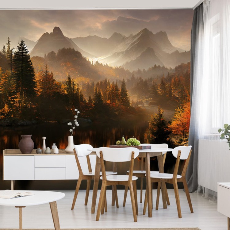 Fototapeta Ai Generated Image Of A Beautiful Landscape With Autumn Forest, A Lake And Hills